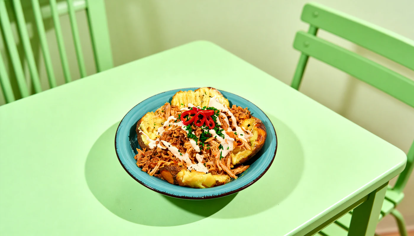 Pulled-chicken stuffed baked potato photographed on a mint-green table.