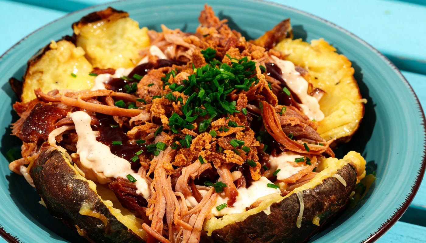 Close-up of a pulled-pork baked potato showing meat, sauce, herbs and crisp toppings.