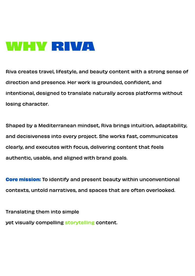 Why Riva page from the media kit presenting her creator positioning in blue and green typography.