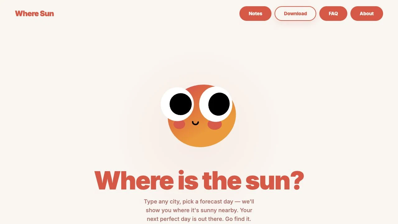Where Sun launch website with an orange sun mascot and the headline Where is the sun?