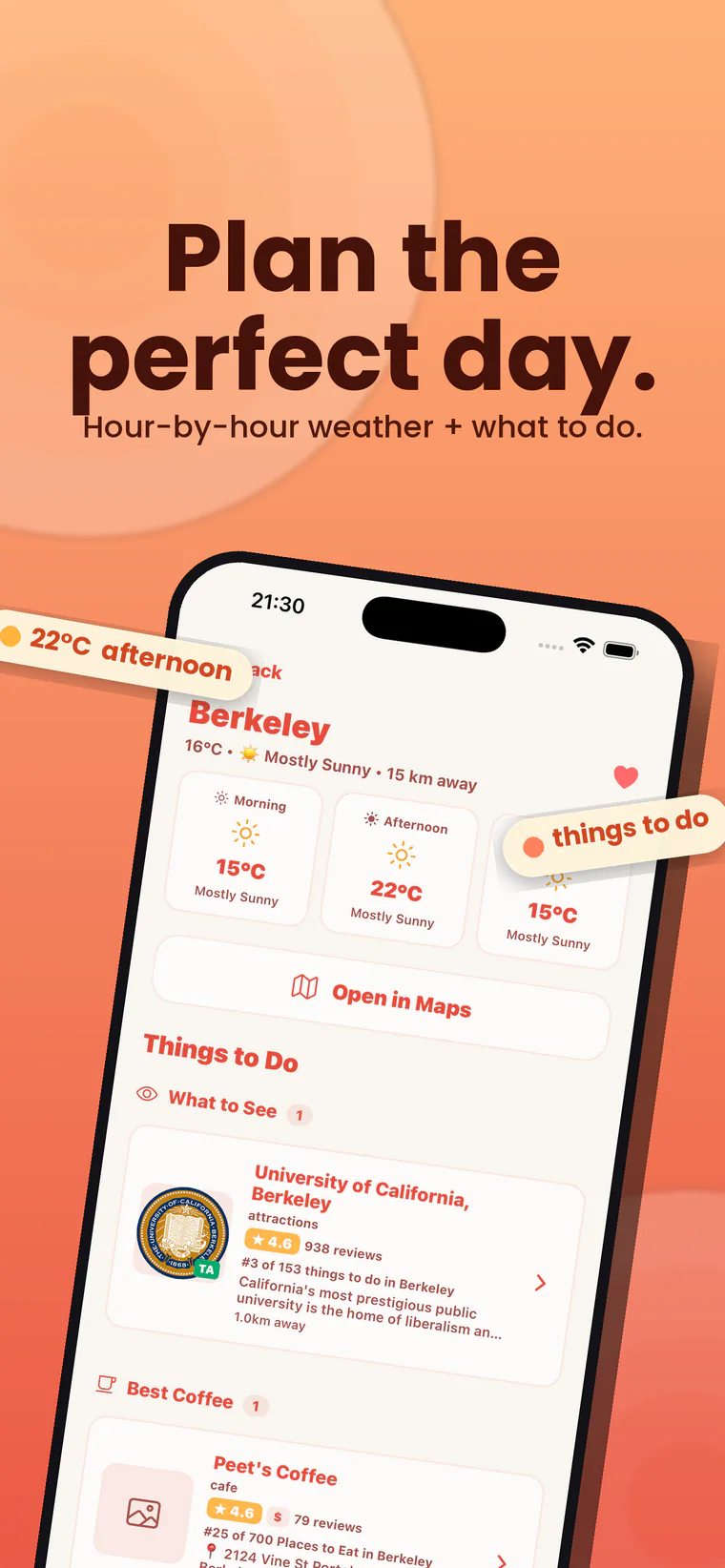Where Sun App Store mockup showing hourly weather and nearby things to do.