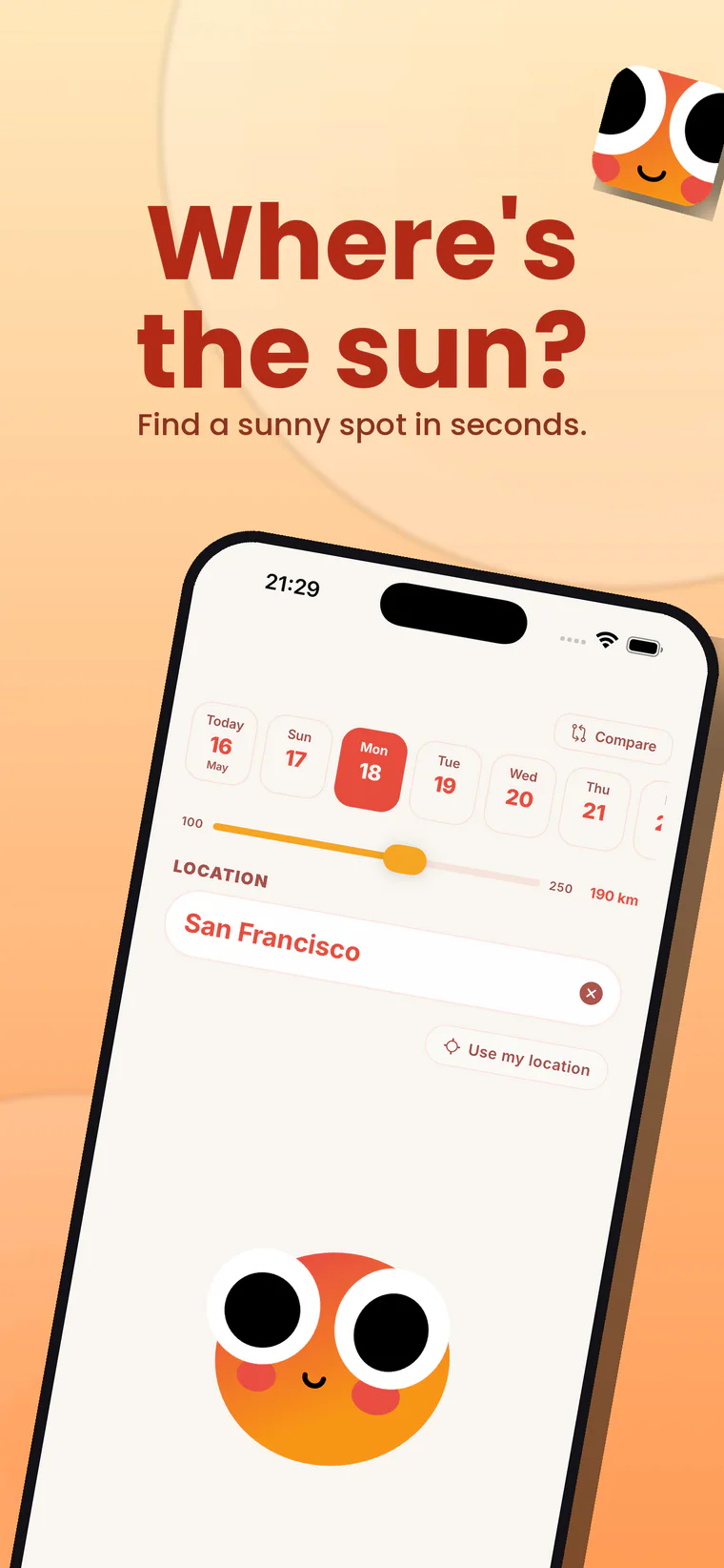 Where Sun App Store mockup showing city search and forecast-day controls.