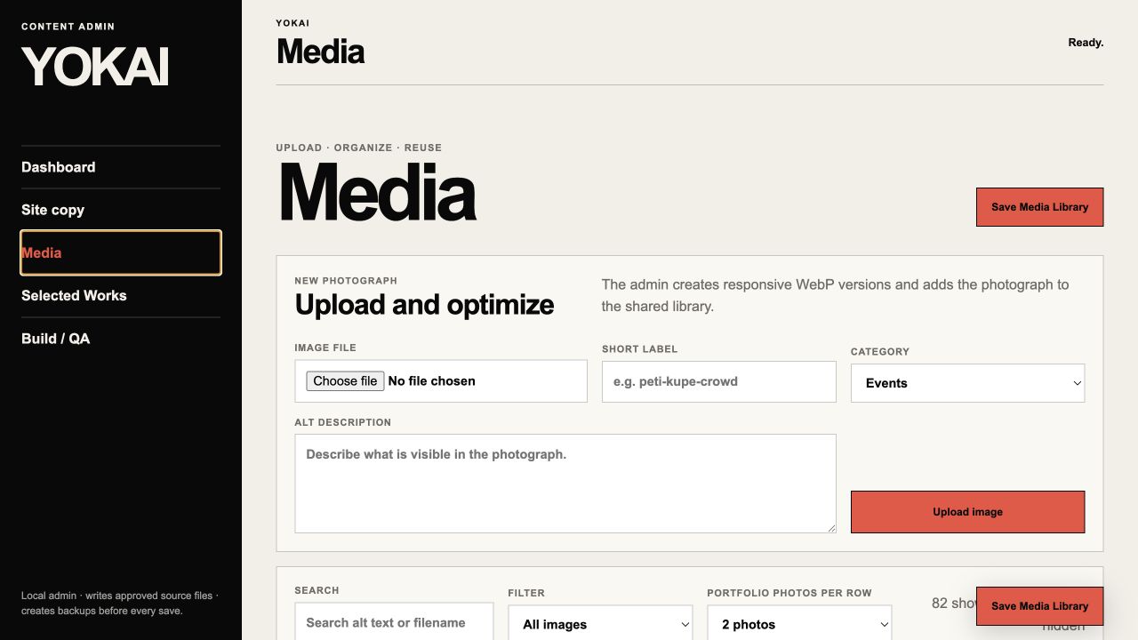 Media library for uploading, categorising and writing image descriptions.